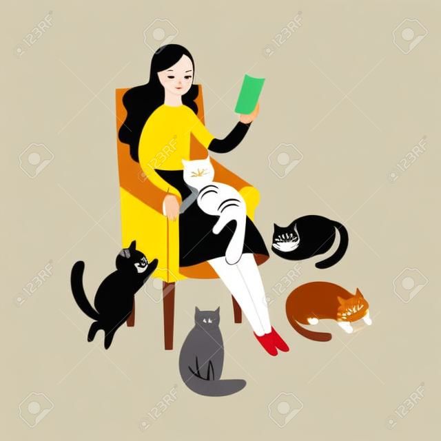 안락의자에 앉아 책을 읽는 여성은 흰색 배경에 격리된 벡터 삽화가 있는 평평한 만화 스타일의 고양이들에 둘러싸여 있습니다. 근처에 있는 애완동물 고양이는 의자에서 휴식을 취하고 책이나 가제트를 들고 있습니다.