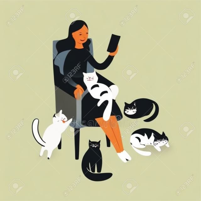 Femme assise dans un fauteuil et lisant entourée de chats style cartoon plat, illustration vectorielle isolée sur fond blanc. Animaux de compagnie à proximité dame de chat se relaxant dans une chaise et tenant un livre ou un gadget
