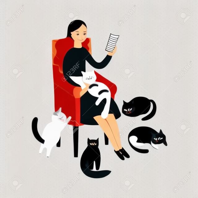 Donna seduta in poltrona e lettura circondata da gatti stile cartone animato piatto, illustrazione vettoriale isolato su sfondo bianco. Animali domestici vicini a una gattara che si rilassa sulla sedia e tiene in mano un libro o un gadget