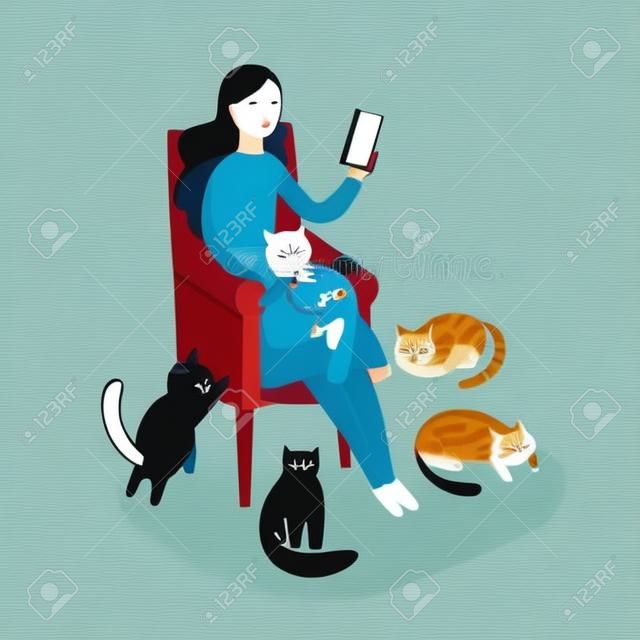 Woman sitting in armchair and reading surrounded by cats flat cartoon style, vector illustration isolated on white background. Pets nearby cat lady relaxing in chair and holding book or gadget