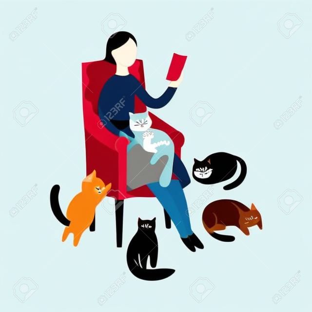 Mujer sentada en un sillón y leyendo rodeada de estilo de dibujos animados planos de gatos, ilustración vectorial aislado sobre fondo blanco. Se admiten gatos cerca de la señora que se relaja en una silla y que sostiene un libro o un gadget