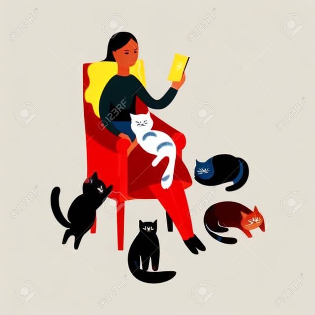 Vrouw zitten in fauteuil en lezen omringd door katten platte cartoon stijl, vector illustratie geïsoleerd op witte achtergrond. Huisdieren in de buurt kat dame ontspannen in stoel en holding boek of gadget
