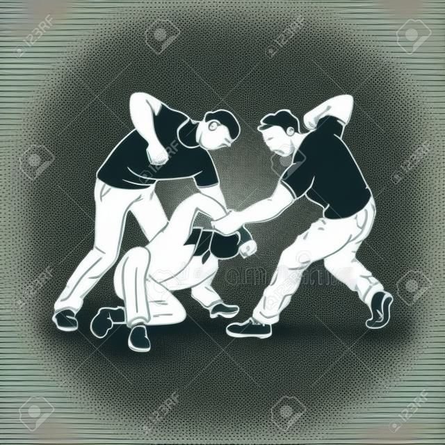 Twee agressieve mannen of jonge mensen vallen aan en verslaan de andere vector illustratie geïsoleerd op witte achtergrond. Het concept van geweld en wreedheid in de samenleving.