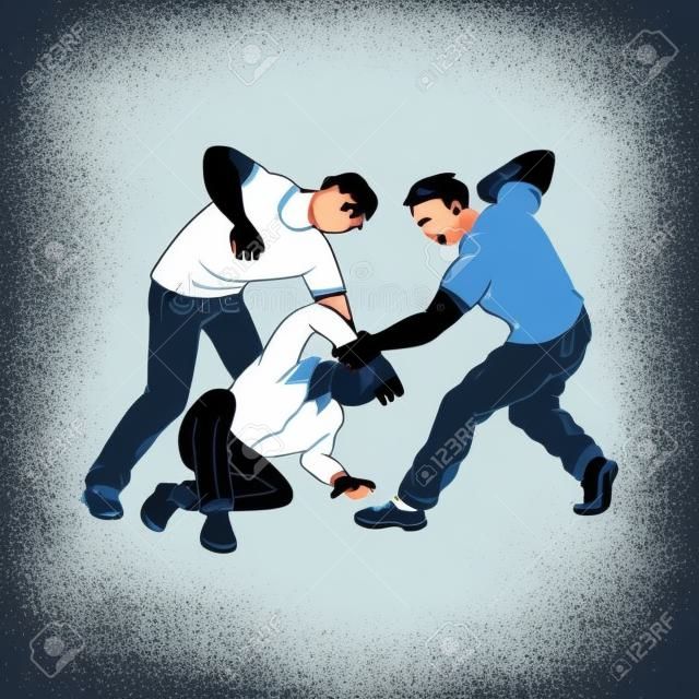 Two aggressive men or young people attack and beat the other vector illustration isolated on white background. The concept of violence and cruelty in society.