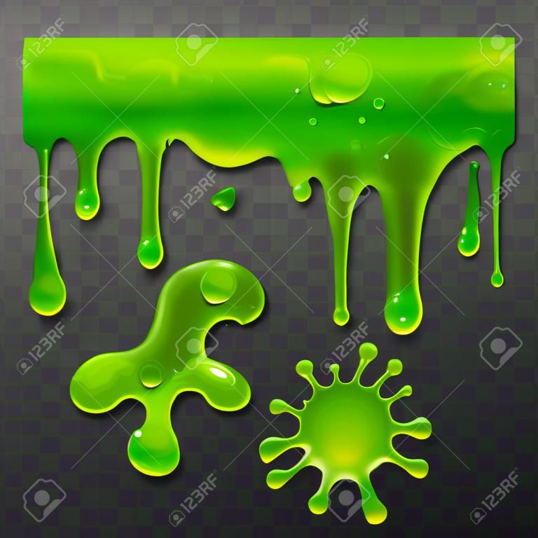 Green dripping slime drops and blob shapes, gooey textured decorations and frames, messy splatter of ooze and paint. Isolated vector illustrations.