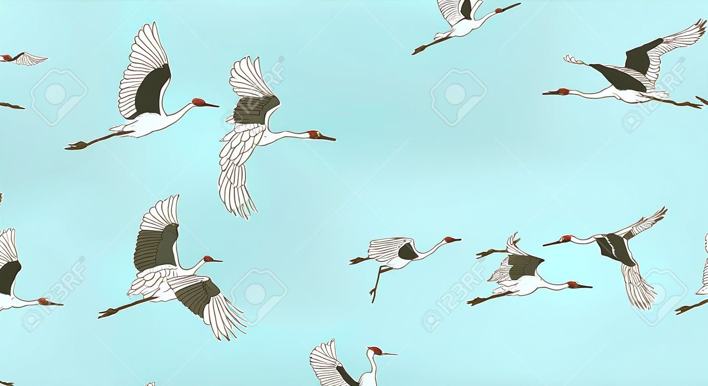 Flock of flying red-crowned cranes in sketch or hand-drawn style, vector illustration isolated on blue background. Migration of Japanese crane birds group or covey