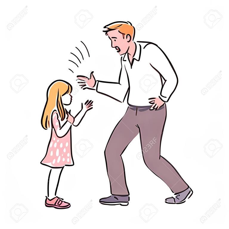 Zły ojciec krzyczy na dziewczynkę. Konflikt rodzinny między zdenerwowany dorosły i nieszczęśliwy przestraszony dziecko, zły rodzic dziecko symbol relacji, kreskówka szkic wektor ilustracja na białym tle