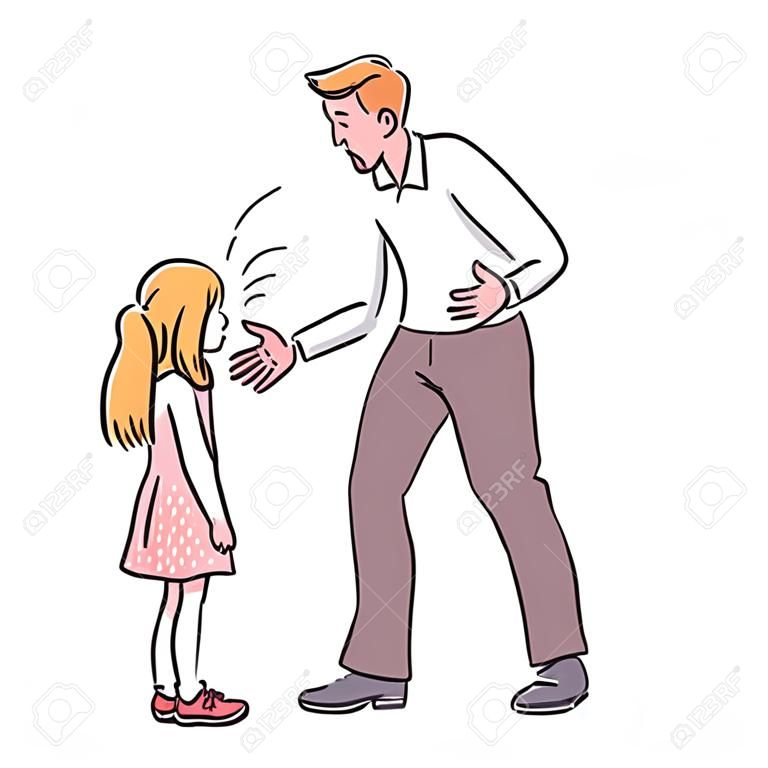 Wütender Vater, der Mädchen anschreit. Familienkonflikt zwischen verärgertem Erwachsenen und unglücklichem verängstigtem Kind, Symbol für schlechte Eltern-Kind-Beziehung, Cartoon-Skizze-Vektor-Illustration isoliert auf weißem Hintergrund