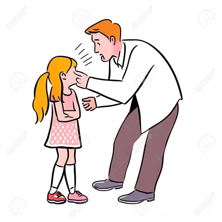 Angry father yelling at girl child. Family conflict between upset adult and unhappy scared kid, bad parent kid relationship symbol, cartoon sketch vector illustration isolated on white background