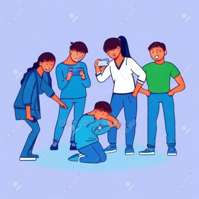 A group of children or teenagers are bullying a boy and filming this on video on a smartphone. Social and cyber bullying at school, child abuse, vector cartoon illustration.