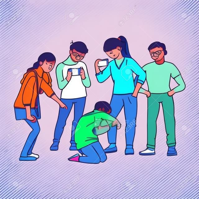 Eine Gruppe von Kindern oder Jugendlichen schikaniert einen Jungen und filmt dies auf Video auf einem Smartphone. Sozial- und Cyber-Mobbing in der Schule, Kindesmissbrauch, Vektor-Cartoon-Illustration.