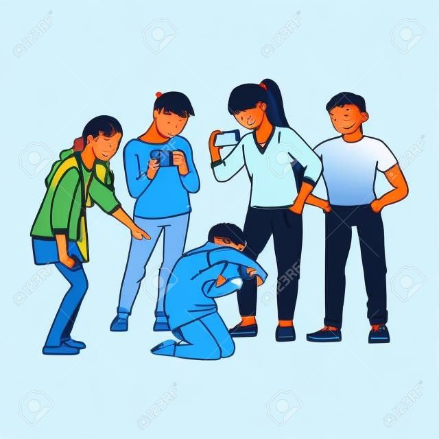 A group of children or teenagers are bullying a boy and filming this on video on a smartphone. Social and cyber bullying at school, child abuse, vector cartoon illustration.