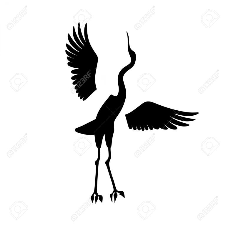 크레인 새 또는 왜가리 서서 춤추는 아이콘의 실루엣 또는 그림자 검정 잉크 기호입니다. 황새 개요 절단 템플릿 또는 흰색 절연 크리에이 티브 배경 벡터 일러스트 레이 션.