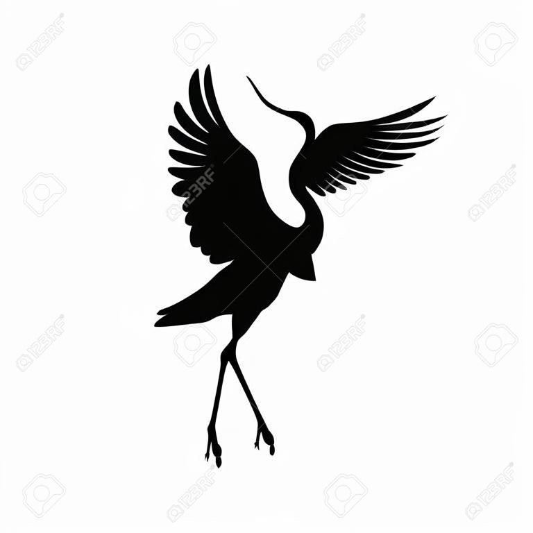 크레인 새 또는 왜가리 서서 춤추는 아이콘의 실루엣 또는 그림자 검정 잉크 기호입니다. 황새 개요 절단 템플릿 또는 흰색 절연 크리에이 티브 배경 벡터 일러스트 레이 션.
