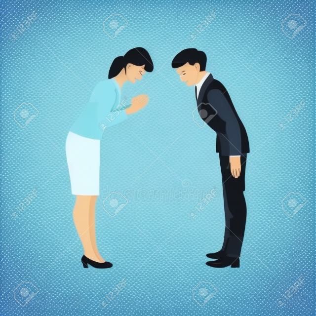 Dos personas inclinándose y saludándose antes de la reunión de negocios. Hombre y mujer asiáticos se inclinan y sonríen para mostrar respeto, personajes de dibujos animados dibujados a mano aislados - ilustración vectorial sobre fondo blanco