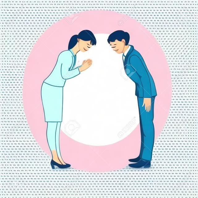 Two people bowing and greeting each other before business meeting. Asian man and woman bow and smile to show respect, isolated hand drawn cartoon characters - vector illustration on white background