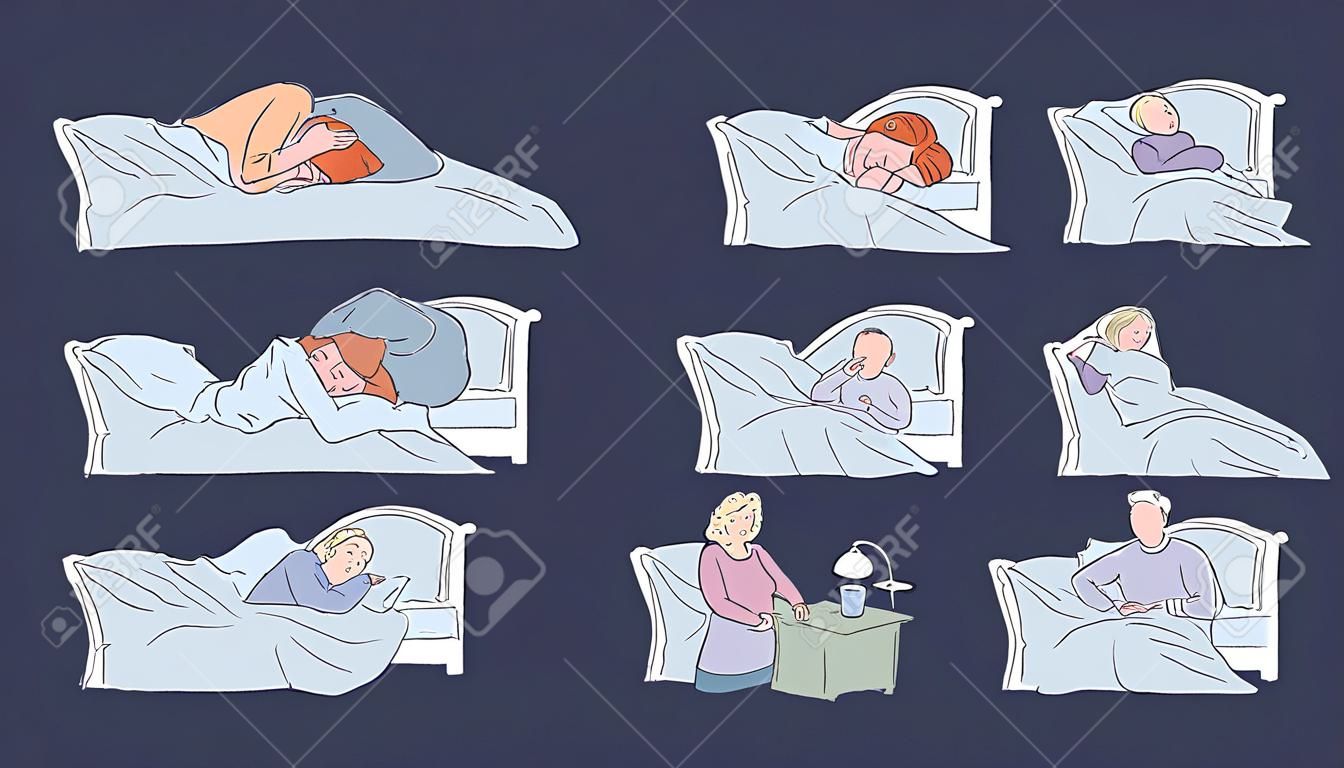 Osoby w łóżku cierpiące na bezsenność. Kolekcja pozbawionych snu postaci z kreskówek siedzących i leżących zmęczonych w swoich sypialniach bezsennych, zestaw ilustracji wektorowych na białym tle.
