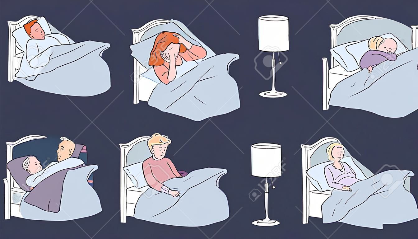 Osoby w łóżku cierpiące na bezsenność. Kolekcja pozbawionych snu postaci z kreskówek siedzących i leżących zmęczonych w swoich sypialniach bezsennych, zestaw ilustracji wektorowych na białym tle.