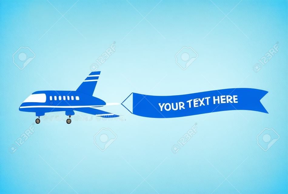 Avion volant avec bannière de modèle de texte, avion de dessin animé dans les airs avec signe de message publicitaire, drapeau de ruban blanc derrière un avion plat - illustration vectorielle mignonne isolée sur fond bleu