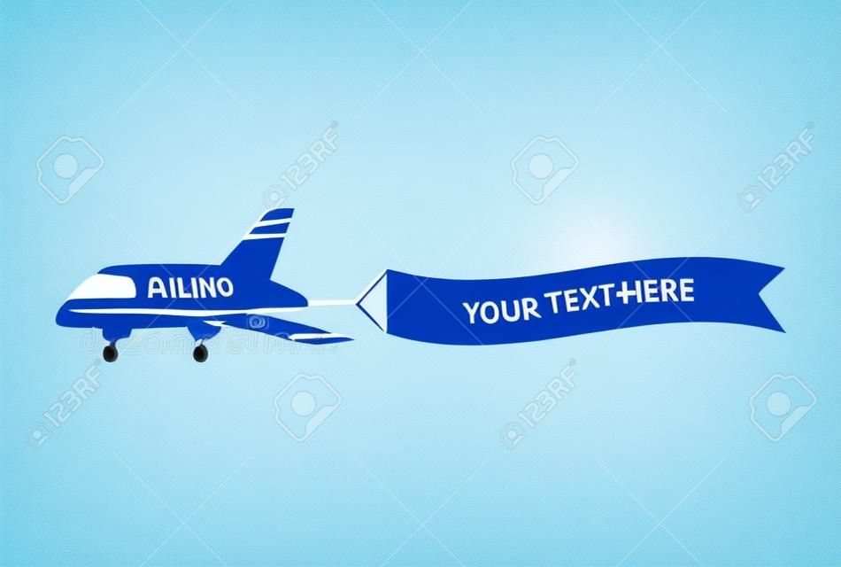 テキストテンプレートバナーで飛んでいる飛行機、広告メッセージサイン付きの空中の漫画の航空機、平らな平面の後ろに白いリボン旗 - 青い背景に隔離されたかわいいベクトルイラスト