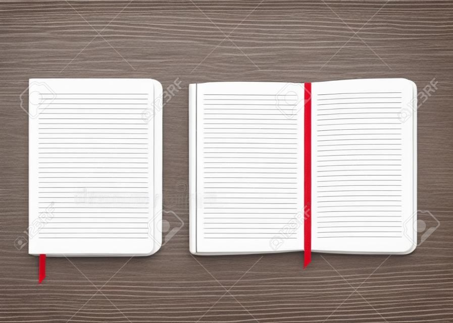 빨간색 리본 책갈피가 있는 빈 실제 책 모형, 빈 페이지와 덮개가 있는 열리고 닫힌 흰색 일기 또는 노트북 디자인, 흰색 배경에 격리된 종이 개체 벡터 그림