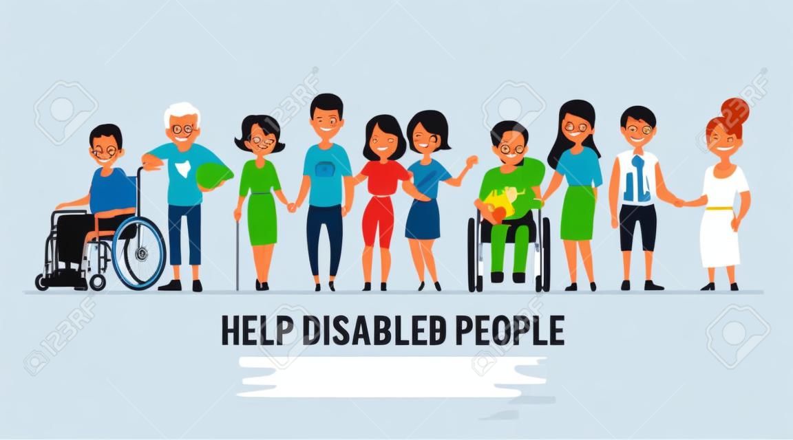Aiuto e supporto di banner per disabili o portatori di handicap con diversi personaggi dei cartoni animati, in sedia a rotelle e sani. Illustrazione vettoriale piatto isolato su sfondo bianco.