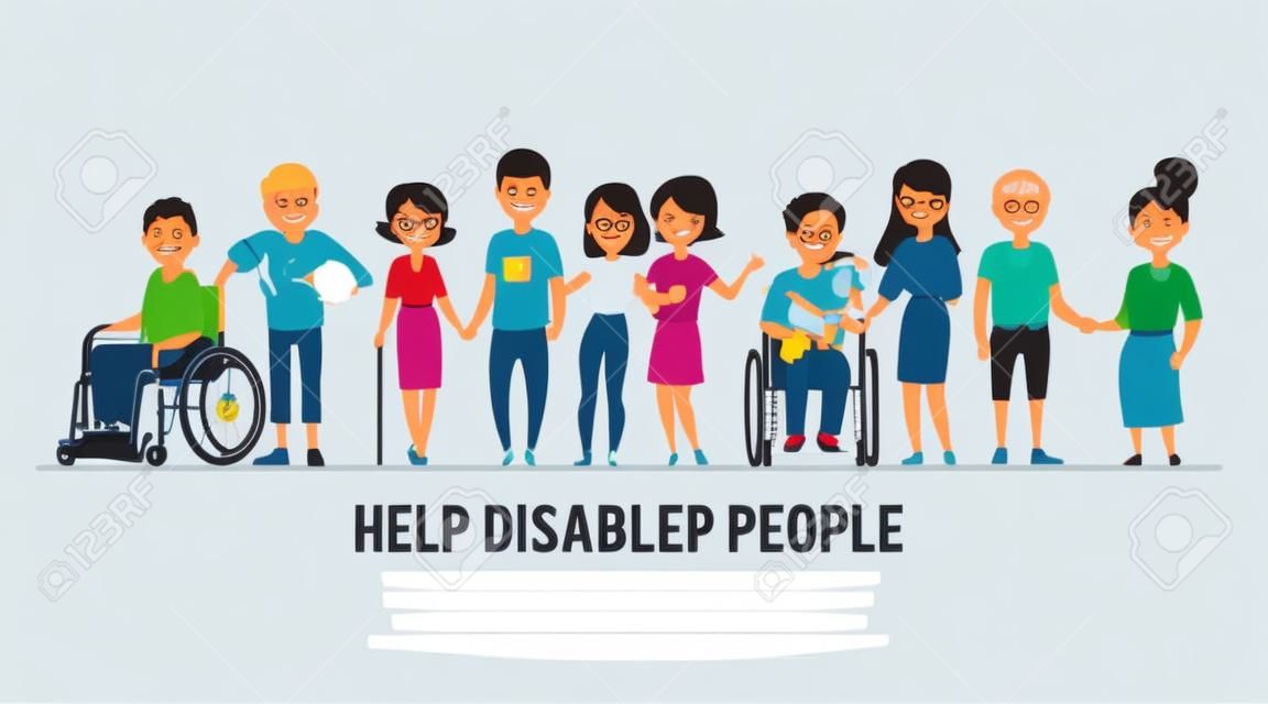 Pomoc i wsparcie osób niepełnosprawnych lub niepełnosprawnych banner z różnymi postaciami z kreskówek, na wózku inwalidzkim i zdrowy. Płaskie wektor ilustracja na białym tle.