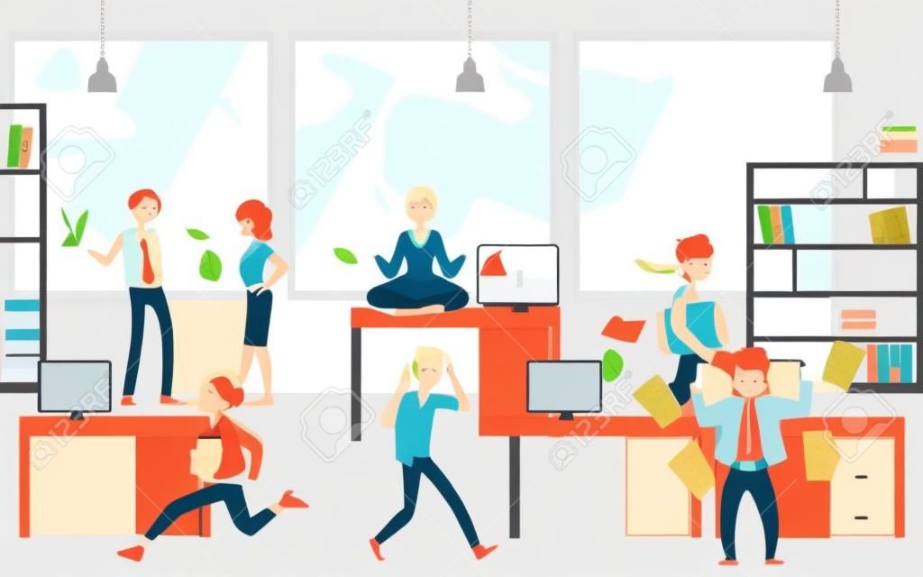 Young blonde woman meditating and practicing yoga, keep calm and balance in the office chaos before the deadline. A woman sitting on a table in the lotus position, flat cartoon vector illustration.