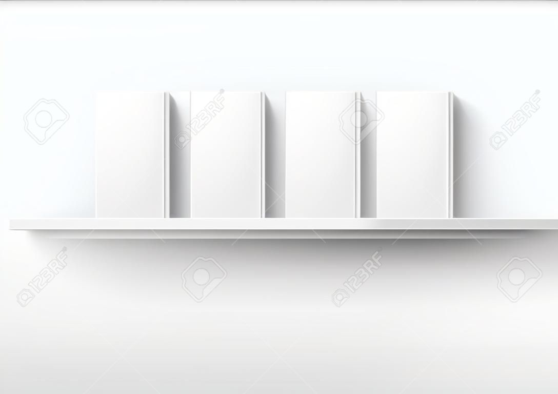 Makieta półki z białą książką z trzema książkami, realistyczny pusty szablon projektu z pustymi twardymi okładkami skierowanymi z przodu na półce, na białym tle ilustracja wektorowa 3d z cieniami