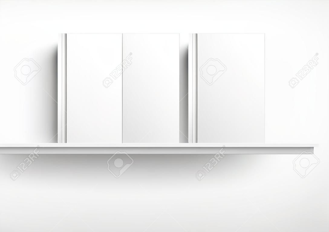 Makieta półki z białą książką z trzema książkami, realistyczny pusty szablon projektu z pustymi twardymi okładkami skierowanymi z przodu na półce, na białym tle ilustracja wektorowa 3d z cieniami