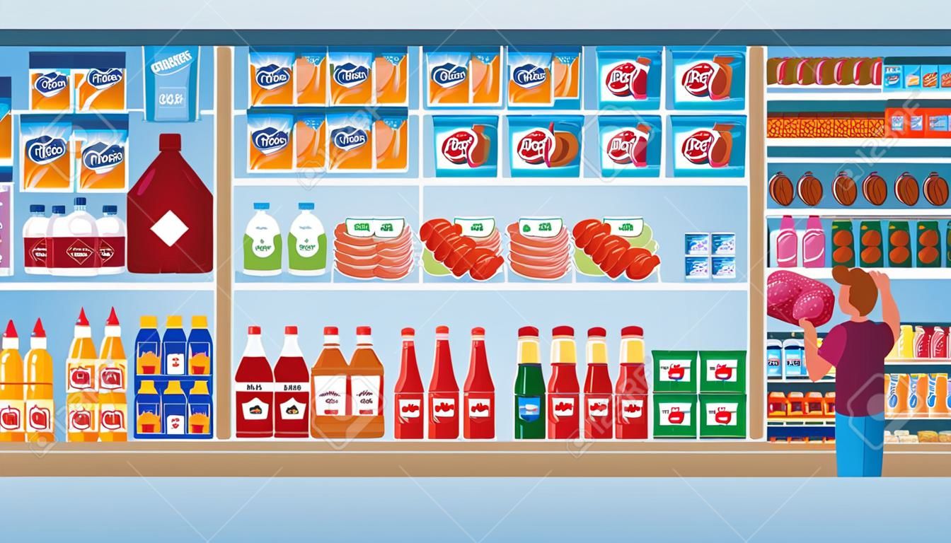 Interior de la tienda de supermercado con personajes de bienes y compradores la ilustración de vector de dibujos animados plana. Grandes estantes de comestibles del centro comercial con bebidas, alimentos y productos lácteos.