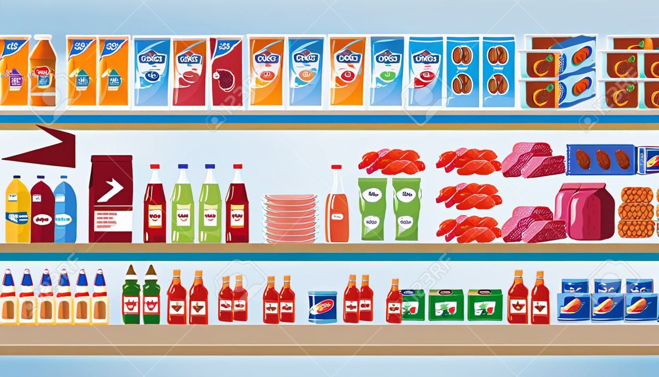 Supermarket store interior with goods and buyers characters the flat cartoon vector illustration. Big shopping mall grocery shelves with drinks, food and dairy products.