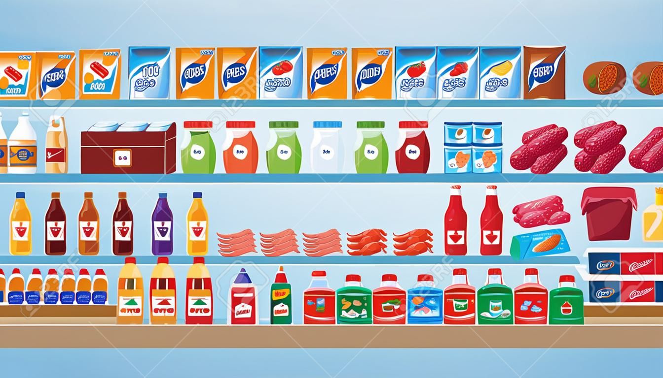 Interior de la tienda de supermercado con personajes de bienes y compradores la ilustración de vector de dibujos animados plana. Grandes estantes de comestibles del centro comercial con bebidas, alimentos y productos lácteos.