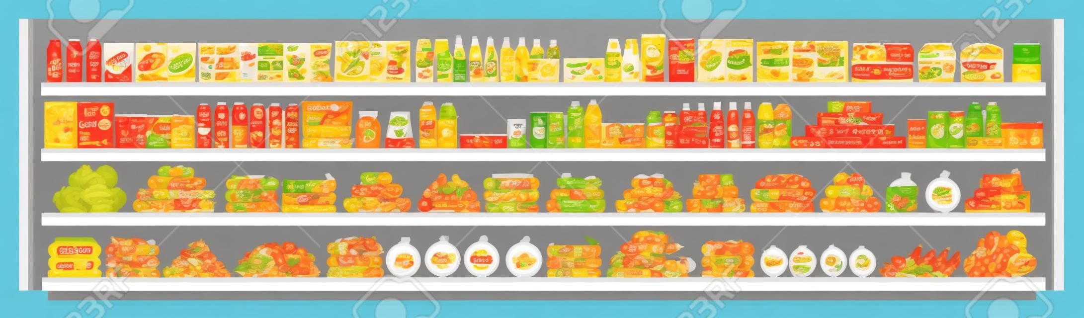 슈퍼마켓 진열대에 있는 식료품은 다양한 음식과 음료를 제공하며 평평한 벡터 매끄러운 배경 삽화를 제공합니다. 쇼핑 및 소매 개념입니다.