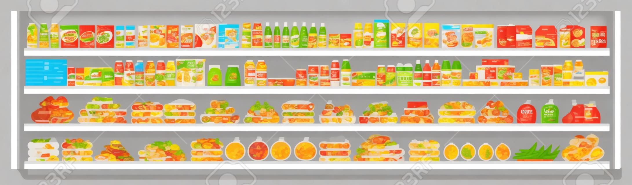 Itens de mercearia nas prateleiras do supermercado e oferece cheio com variedade de alimentos e bebidas ilustração de fundo sem costura vetorial plana.