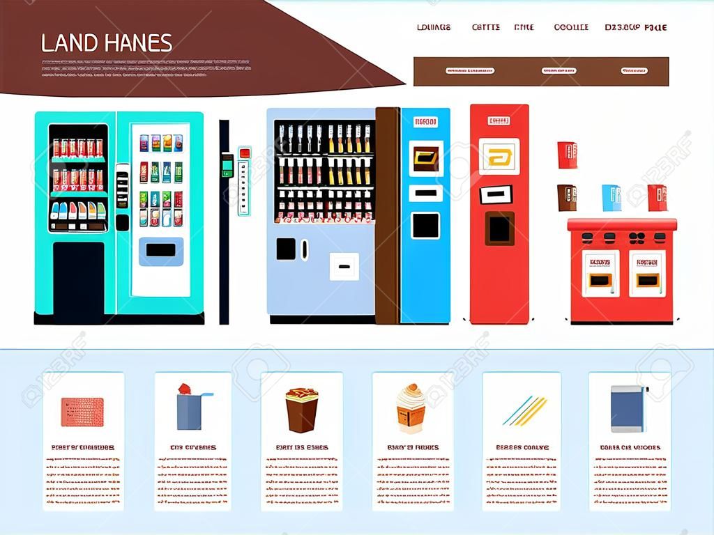 Landing pagina van zakelijke website ontwerp template met automatische automaat set vector illustratie geïsoleerd op witte achtergrond. Fast food retail web pagina concept.