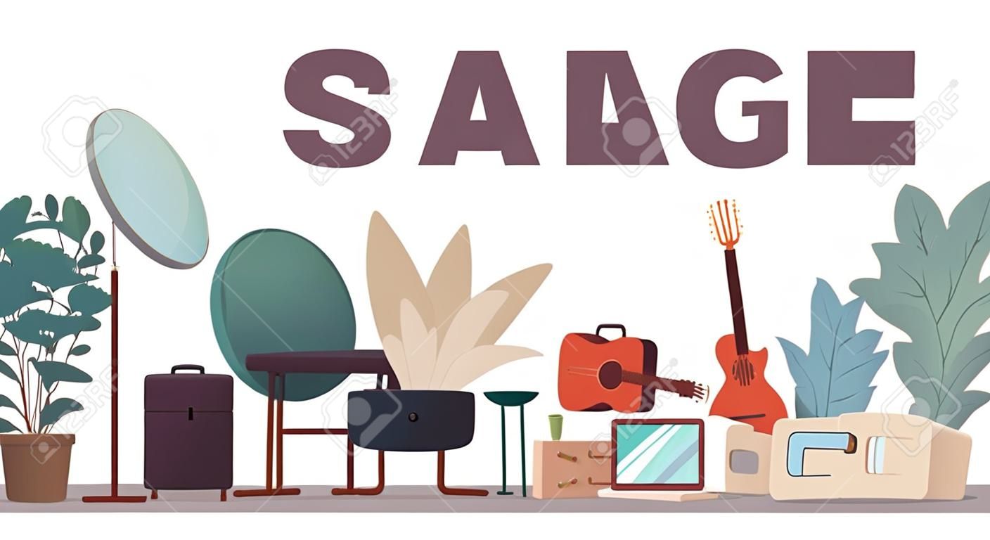 Garage sale banner with flat cartoon furniture objects arranged on the floor - house plants, guitar, books and others. Flea market old stuff clutter - isolated vector illustration