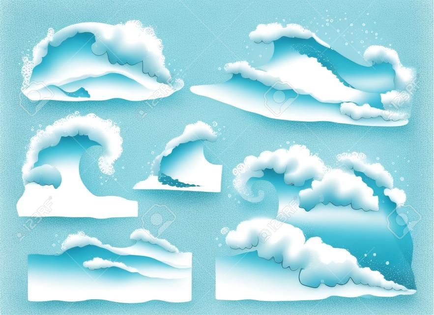 Conjunto de ondas de agua oceánica detalladas dibujadas a mano y salpicaduras ilustraciones vectoriales de dibujos animados aisladas sobre fondo blanco. Ola de surf o colección de elementos de mar tempestuoso.