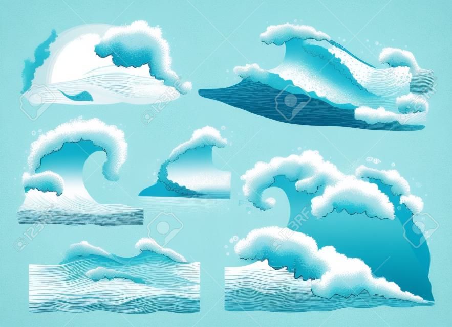 ●白い背景に描かれた、詳細な海水波と、漫画のベクトルイラストを飛び散るセット。サーフィン波や嵐の海の要素のコレクション。