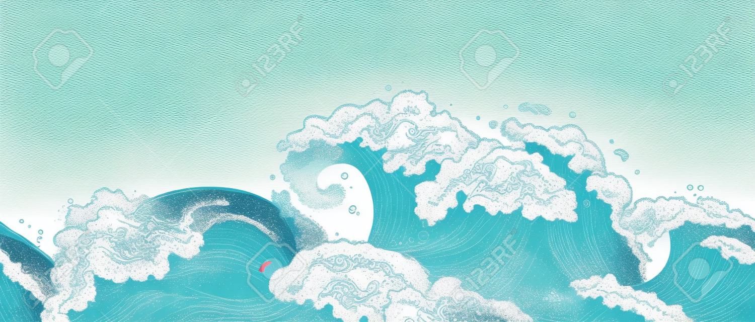 Borda horizontal inferior sem emenda com mão desenhada detalhadas ondas de água do oceano e splashes ilustração de desenhos animados. Textura de borda infinita em estilo de gravura.