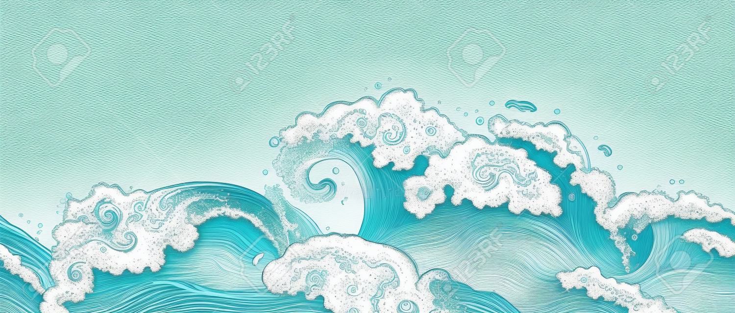 Borda horizontal inferior sem emenda com mão desenhada detalhadas ondas de água do oceano e splashes ilustração de desenhos animados. Textura de borda infinita em estilo de gravura.