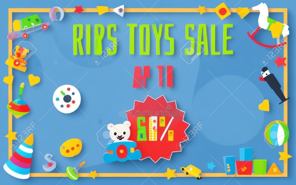 Concept of toy sales in a store for children, banner and flyer template. Flat cartoon vector illustration for toy sale.