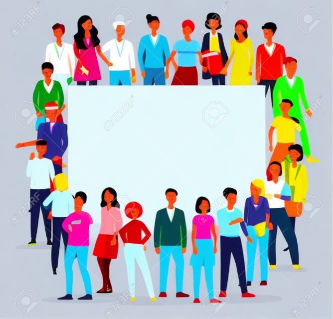 Multitud colorida de diversas naciones y personas de género bandera de personajes de dibujos animados, Ilustración de vector plano aislado sobre fondo blanco. Sociedad y comunidad multicultural.