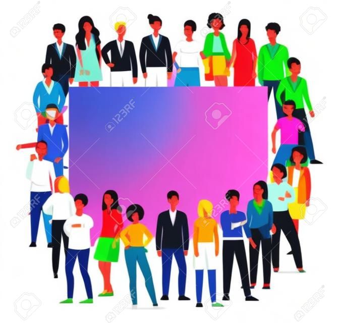 Multidão colorida de nações diversas e banner de personagens de desenhos animados de pessoas de gênero, ilustração vetorial plana isolada no fundo branco. Sociedade e comunidade multicultural.