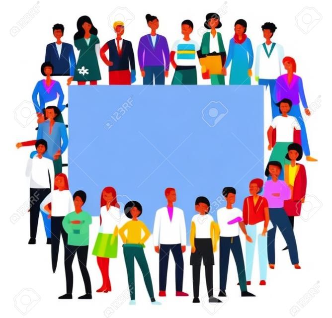 Multitud colorida de diversas naciones y personas de género bandera de personajes de dibujos animados, Ilustración de vector plano aislado sobre fondo blanco. Sociedad y comunidad multicultural.