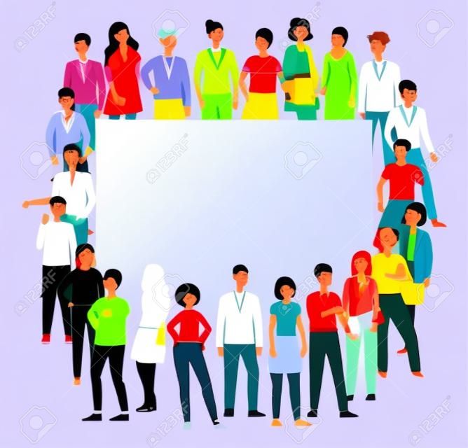 Folla colorata di diverse nazioni e persone di genere banner di personaggi dei cartoni animati, illustrazione vettoriale piatto isolato su sfondo bianco. Società e comunità multiculturali.