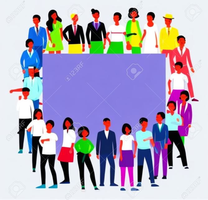 Multidão colorida de nações diversas e banner de personagens de desenhos animados de pessoas de gênero, ilustração vetorial plana isolada no fundo branco. Sociedade e comunidade multicultural.