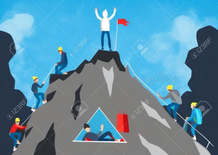 Cartoon people climbing mountain and happy man standing on top with flag celebrating success. Climber group nearing rock peak - flat vector illustration.