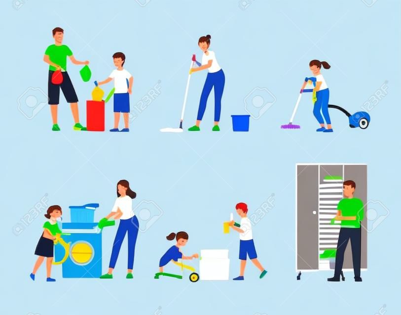 Cartoon familie schoonmaken van het huis - geïsoleerde platte tekening set. Ouders en kinderen die de was doen, het organiseren van kast, het nemen van vuilnis, met behulp van een vacuüm.