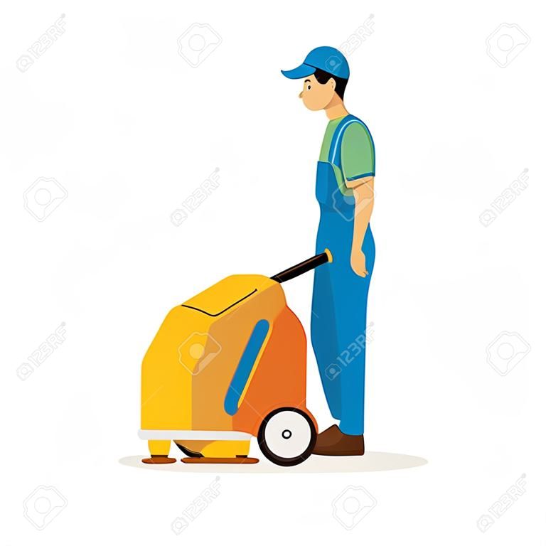 Un hombre más limpio que usa una máquina fregadora de pisos con conductor a pie - una persona de dibujos animados con uniforme azul que sostiene una máquina industrial de limpieza amarilla. Ilustración de vector plano aislado.